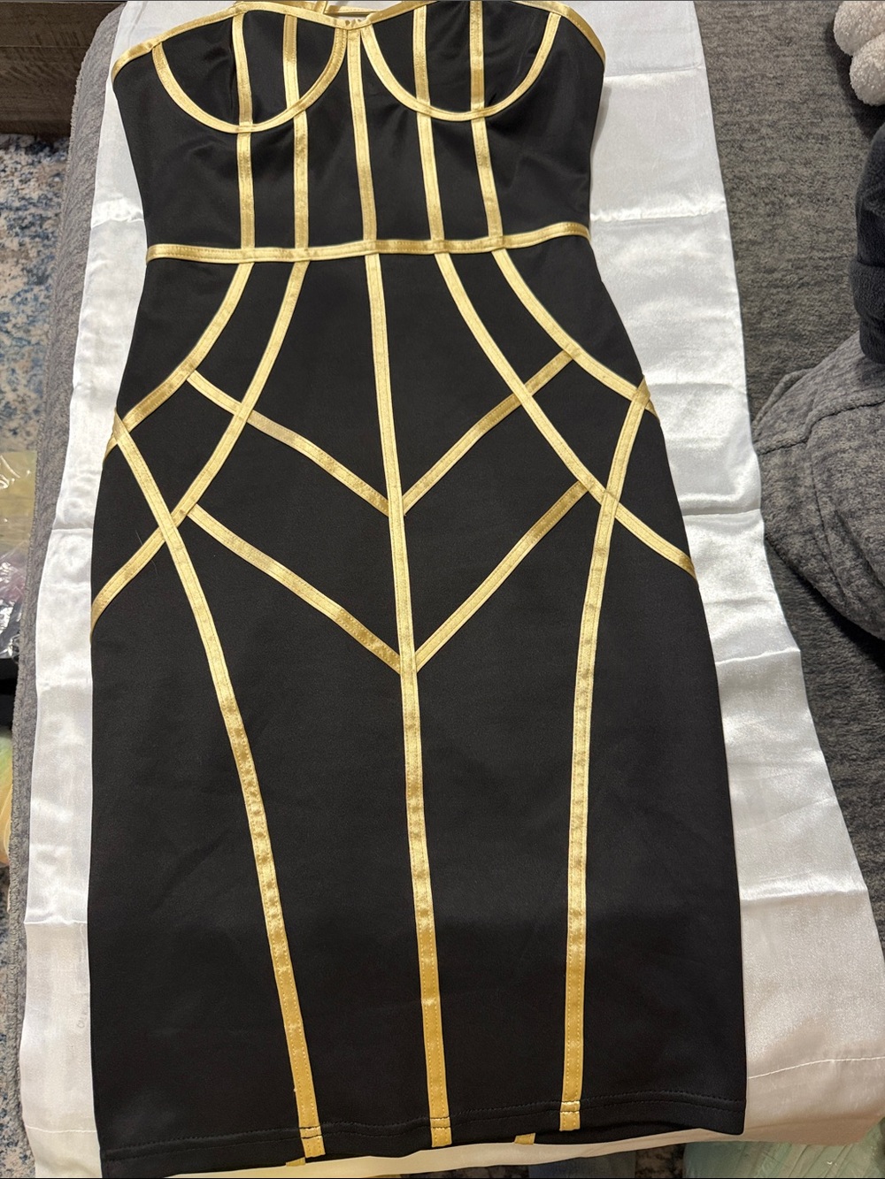 Black Strapless Bodycon Dress with Gold Geometric Trim